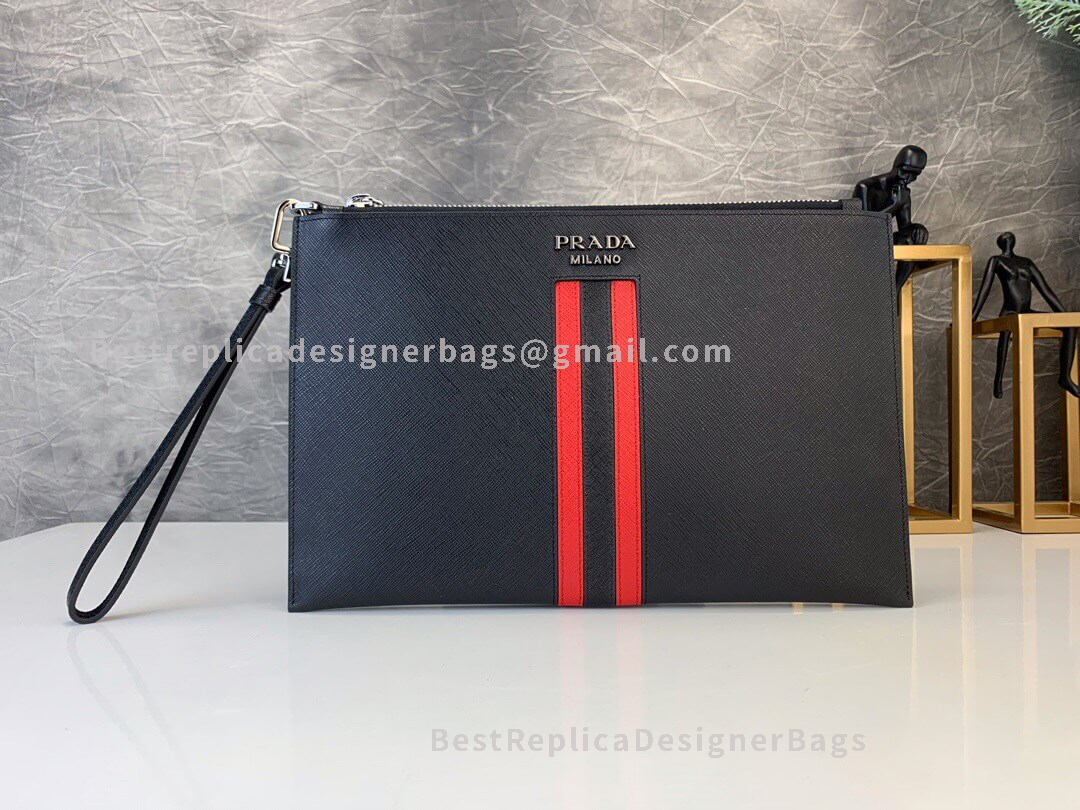 Prada Saffiano Leather Black And Red Bandoleer Bag SHW 005